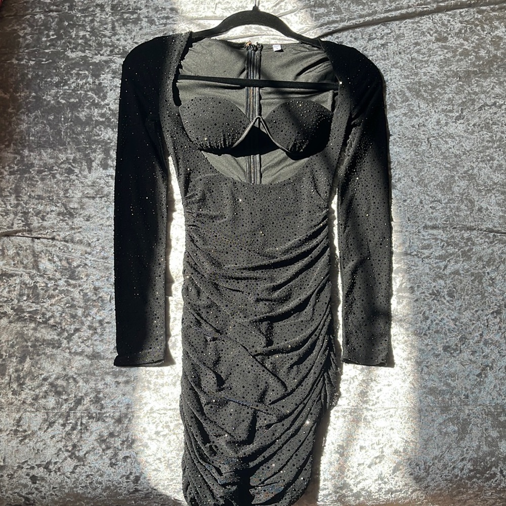 Oh Polly Black Rhinestoned Mini Dress with long sleeves UK Size 4 US Size 1